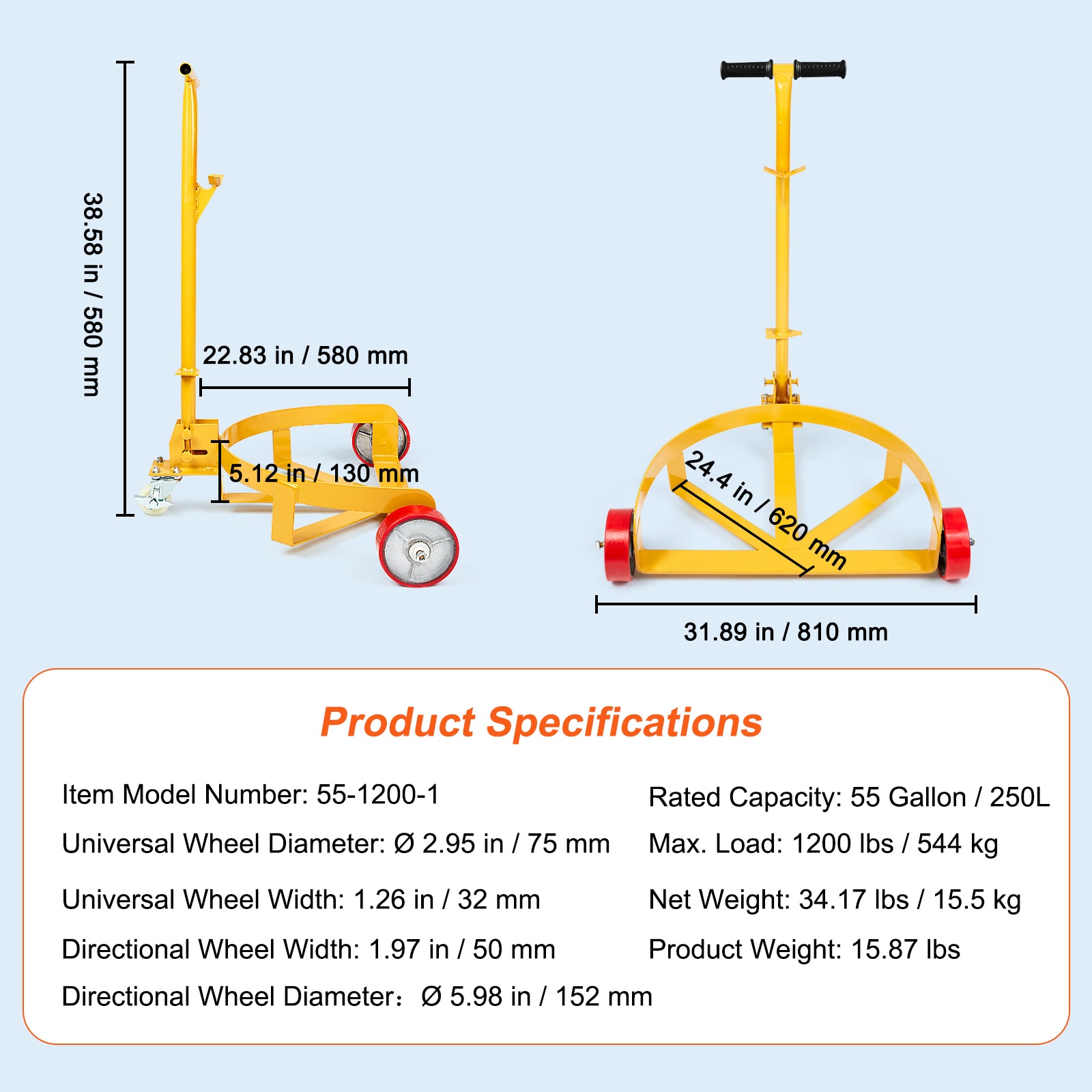 Heavy Duty Steel 55 Gallon Drum Dolly With Adjustable Handle_voghion.com